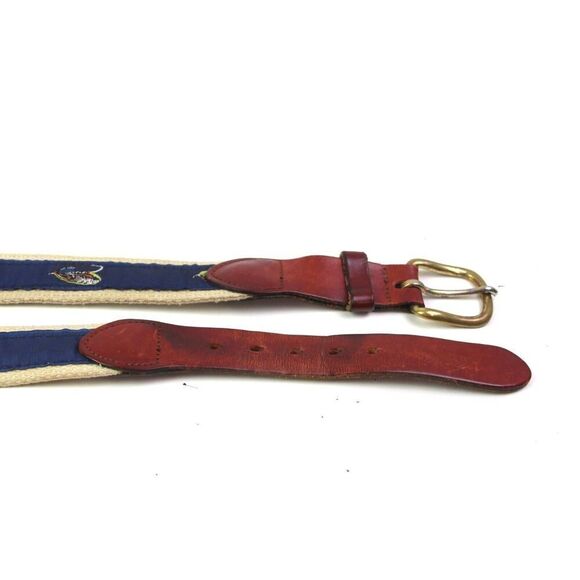 Leather Man BROWN REAL LEATHER BLUE CANVAS 1 1/4"Wd GOLF DRESS MEN BELT 34 (53M - Picture 11 of 12